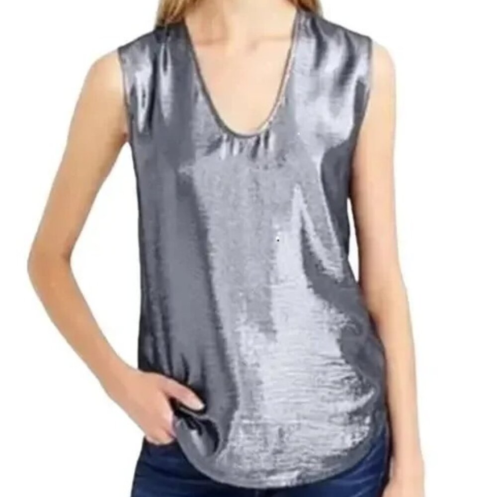 J. Crew Silk Metallic Sleeveless Top Silver/Navy
